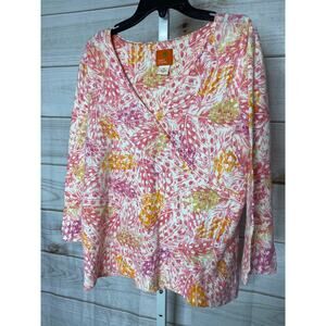 Hearts of Palm Women's Size Medium Pink White Floral Beach Summer Blouse Top